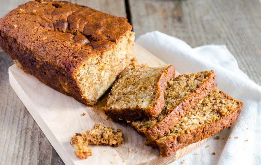 Loaf of banana bread with apple confiture